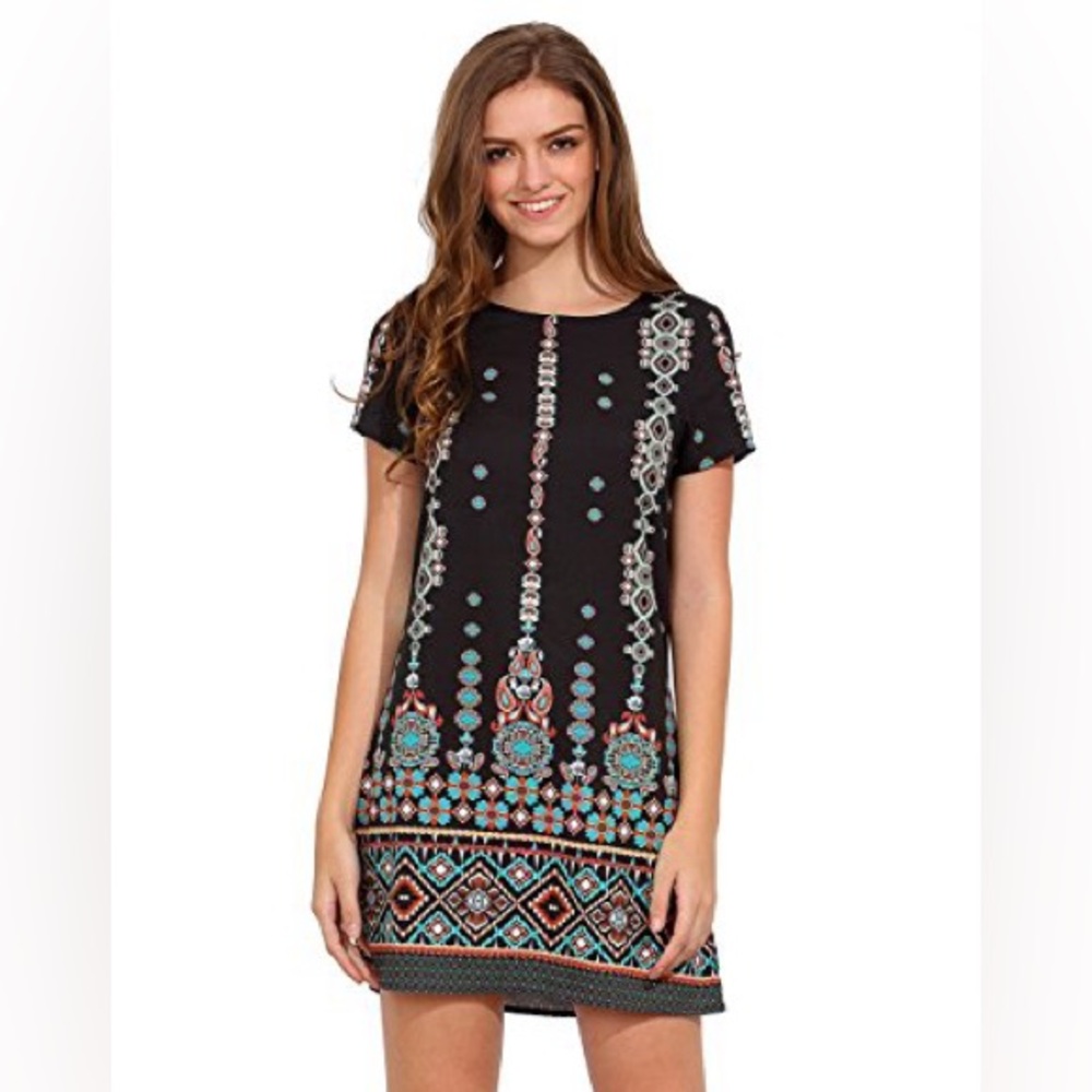 Black Dress with Colorful Geometric Patterns M